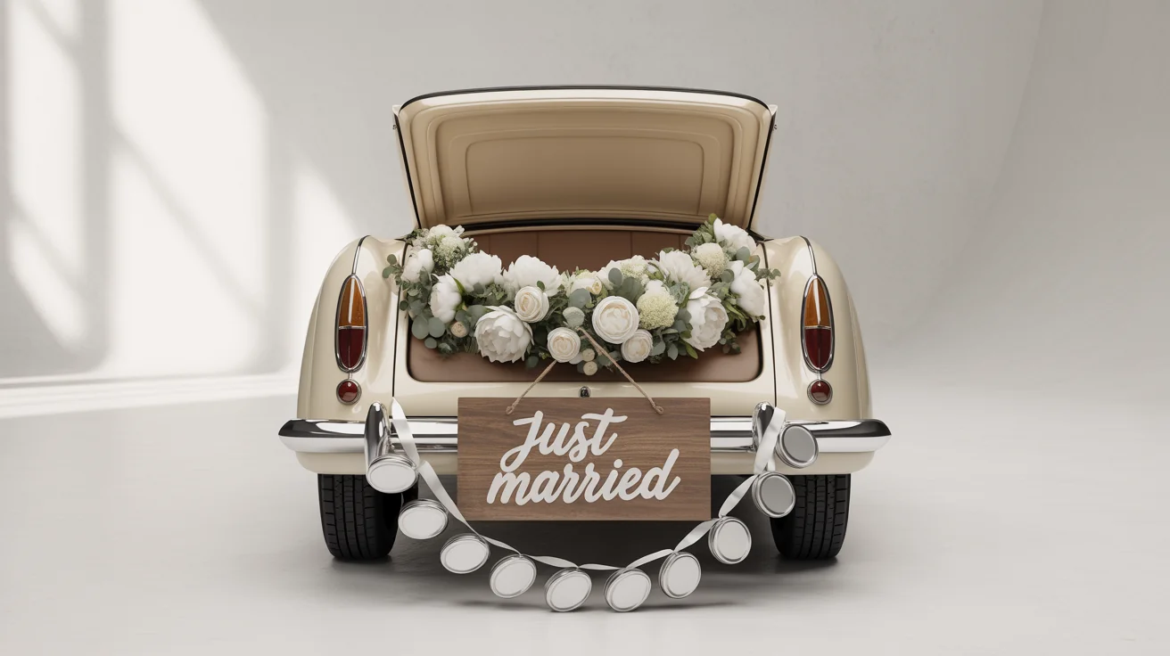 A decorated vintage wedding getaway car against a white background, featuring a floral garland, silver tin cans, and a wooden sign that says 'Just Married'.