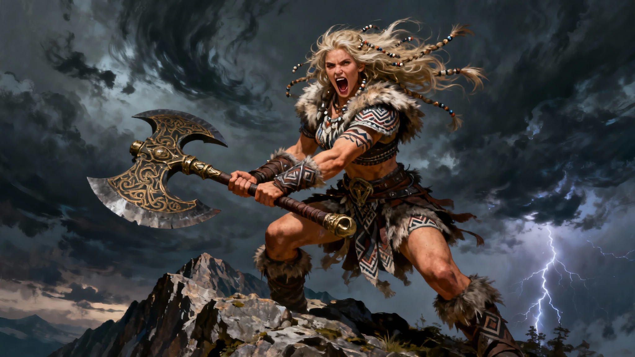 Final character art of a powerful female barbarian warrior with a massive axe, standing on a mountain peak under a stormy sky, in an epic fantasy style.