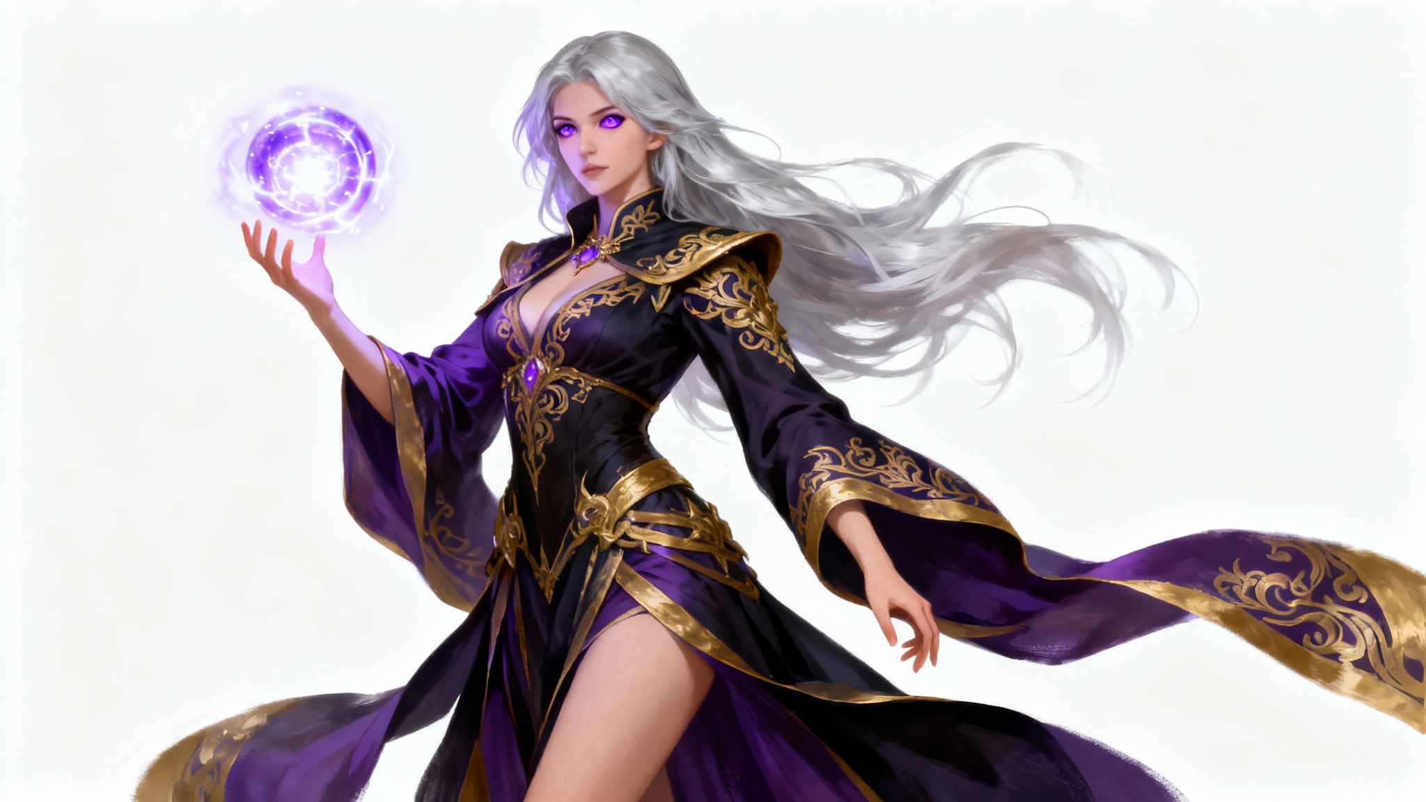 A full-body digital painting of a fantasy sorceress with silver hair, summoning a glowing orb of magic against a plain white background.