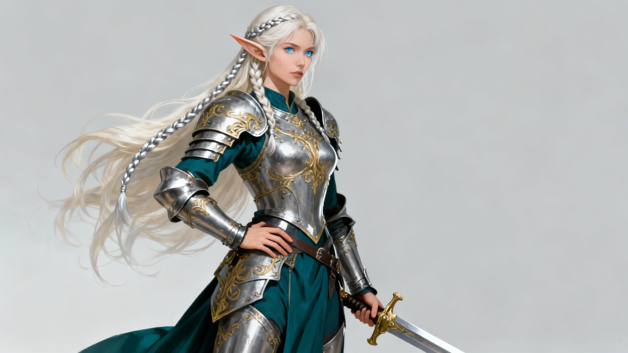 A full-body digital concept art painting of a female elf warrior in ornate silver armor, standing confidently against a plain light gray background.