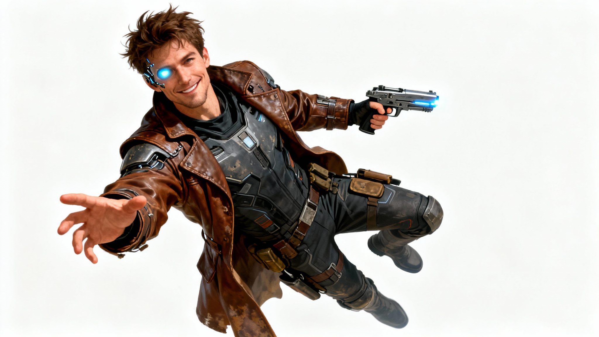 A full-body digital painting of a futuristic male space rogue with a cybernetic eye, holding a plasma pistol and floating against a solid white background.
