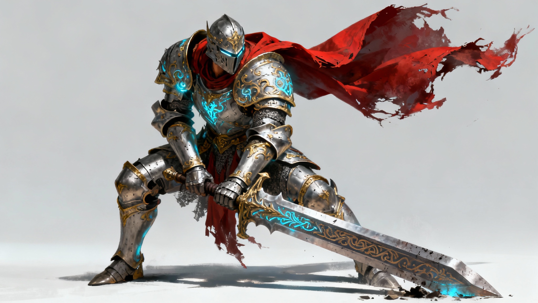 A concept art illustration of a fantasy knight in ornate silver and gold armor with a red cape, posing with a greatsword against a plain light gray background.