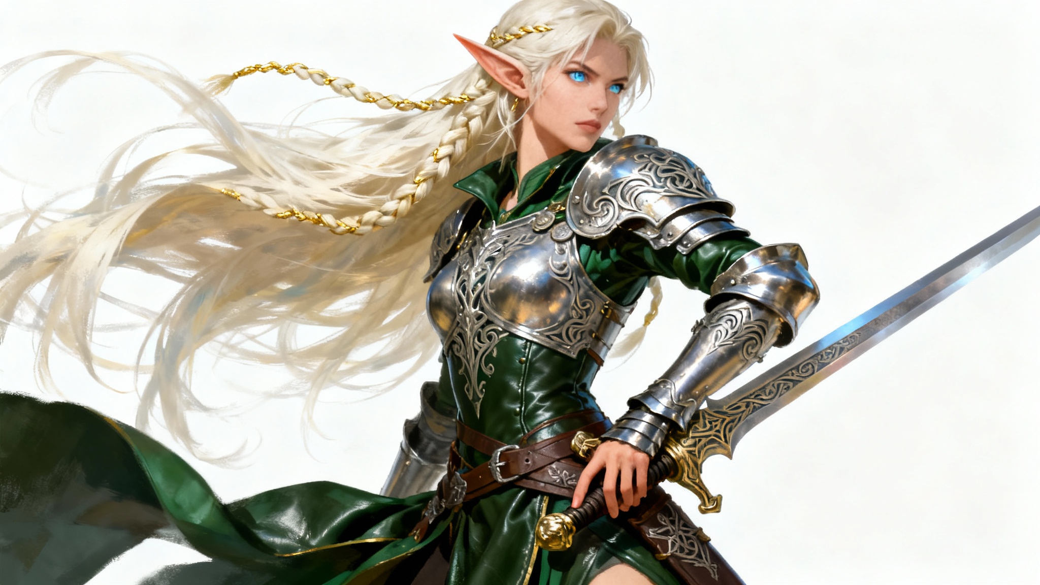 A hyper-realistic digital painting of a female elven warrior in ornate steel armor, with long platinum hair and a sword at her hip, standing against a white background.