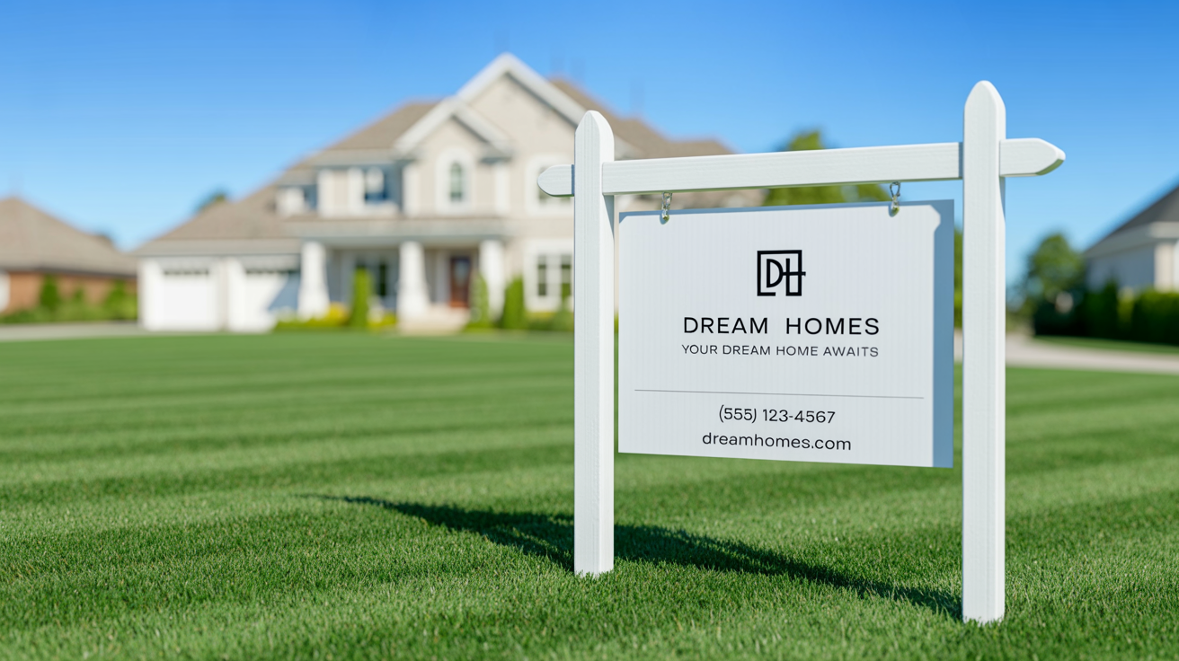 A professional mockup of a 'Dream Homes' real estate sign standing on the perfect lawn of a beautiful suburban house at sunset.
