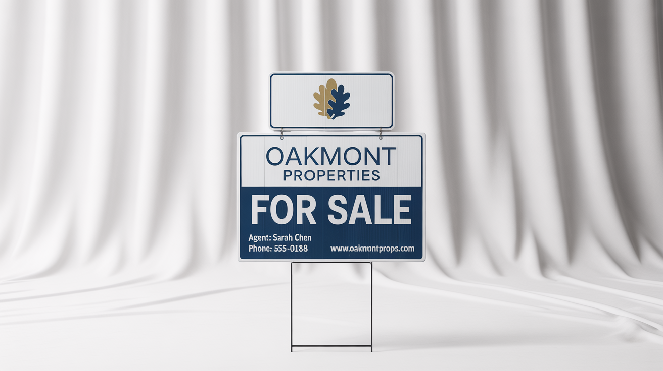 A professional real estate 'FOR SALE' sign mockup for 'Oakmont Properties', featuring an agent's contact details, against a clean white background.
