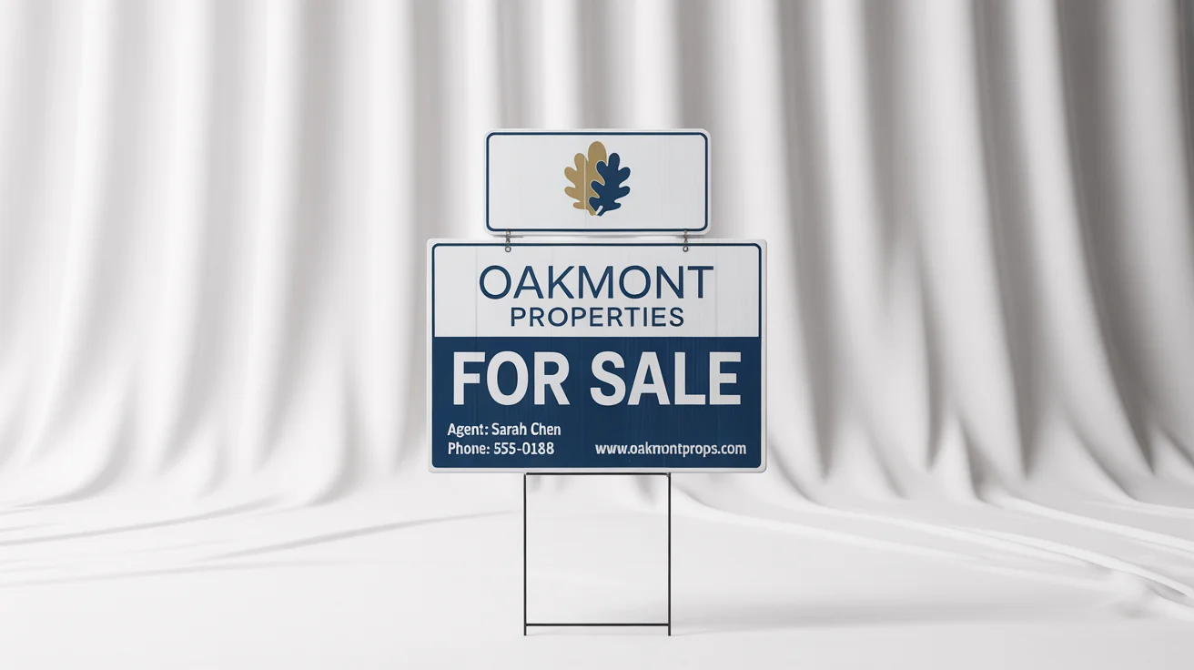 A professional real estate 'FOR SALE' sign mockup for 'Oakmont Properties', featuring an agent's contact details, against a clean white background.