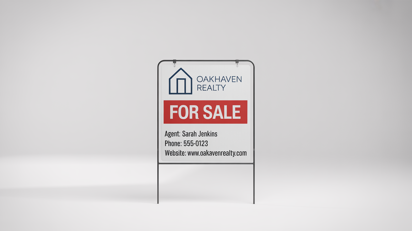 A professional mockup of a 'FOR SALE' real estate sign for 'Oakhaven Realty', featuring agent details, isolated against a clean white background.
