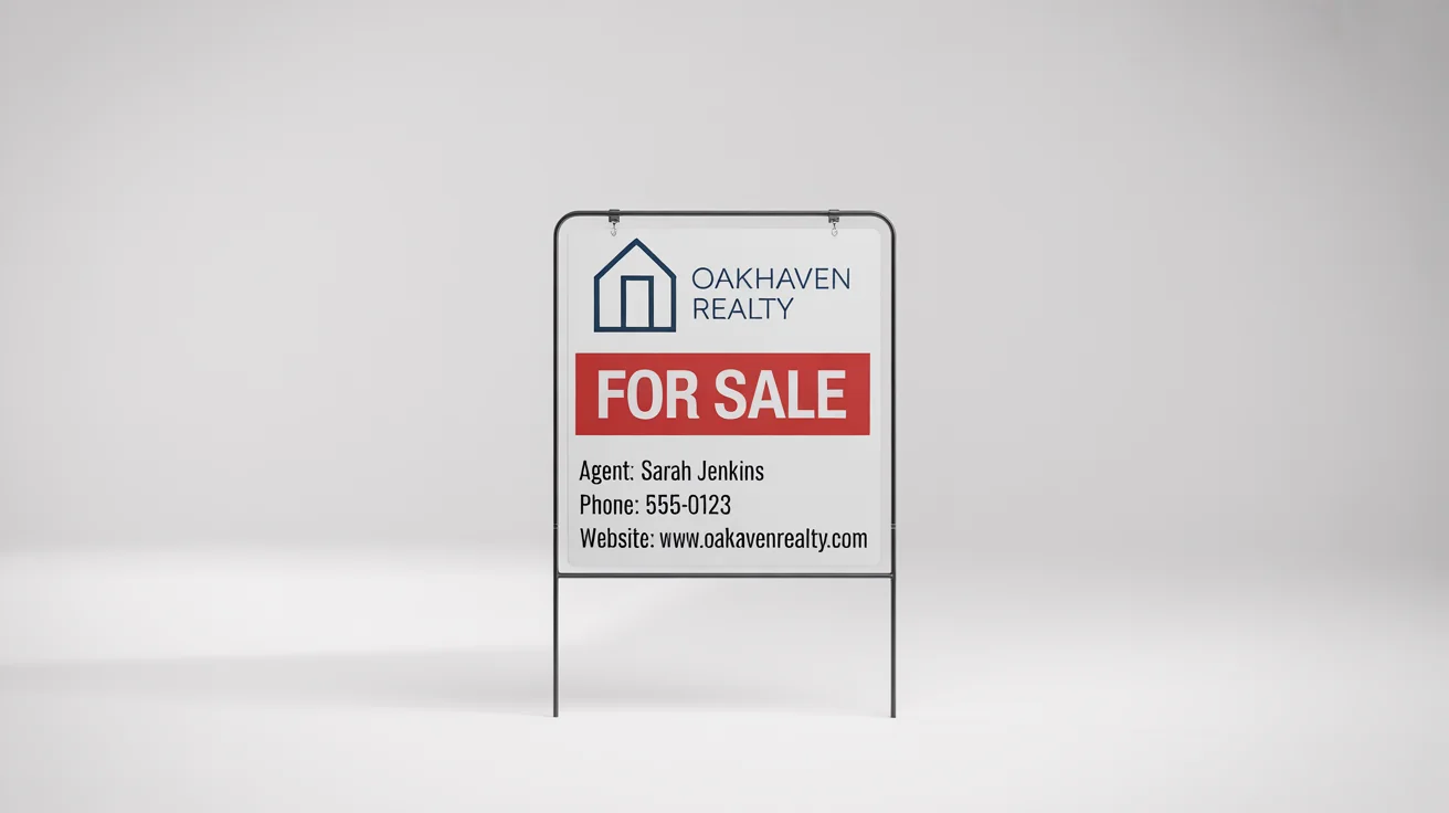 A professional mockup of a 'FOR SALE' real estate sign for 'Oakhaven Realty', featuring agent details, isolated against a clean white background.