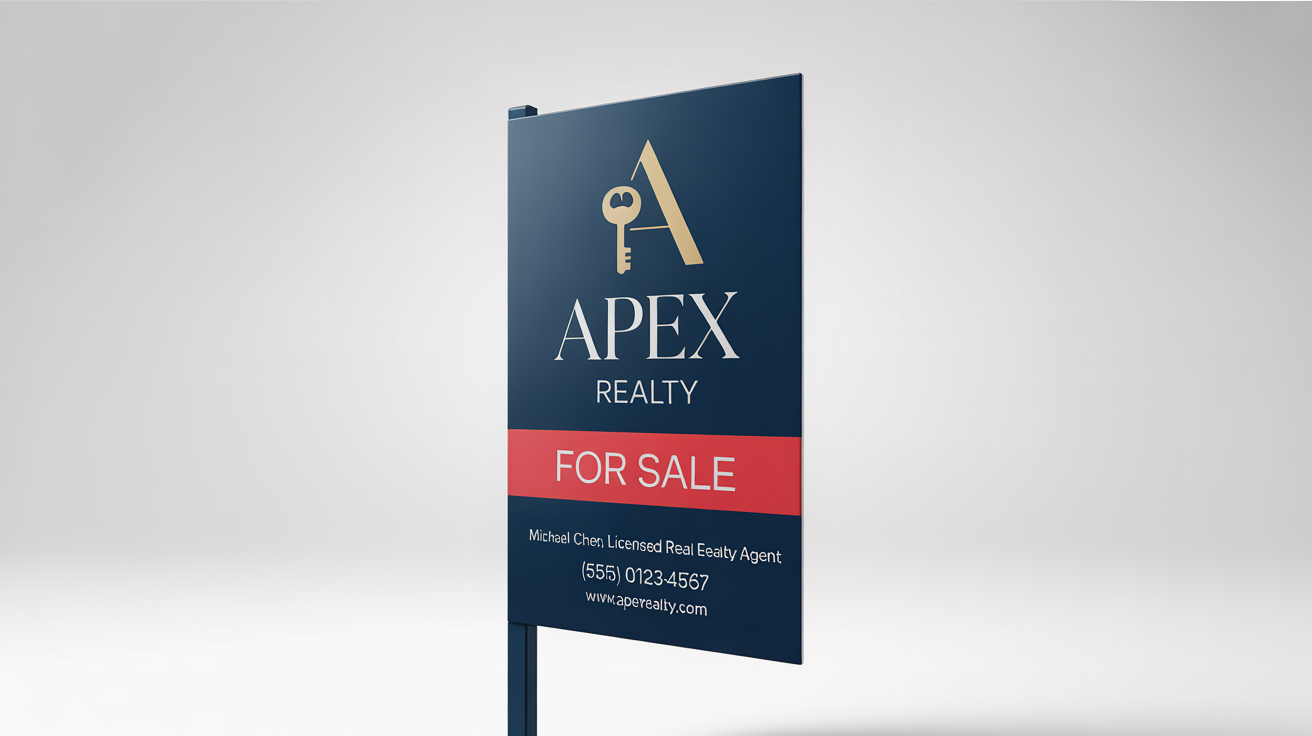 A professional mockup of a modern real estate sign for 'Apex Realty'. The sign, set against a white background, clearly displays 'FOR SALE' and provides fictional contact information for an agent.
