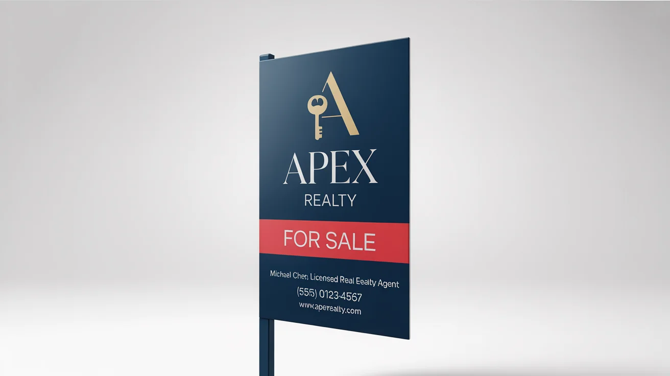 A professional mockup of a modern real estate sign for 'Apex Realty'. The sign, set against a white background, clearly displays 'FOR SALE' and provides fictional contact information for an agent.