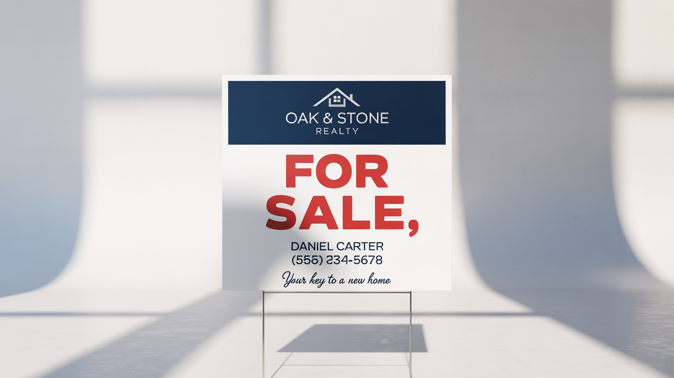 A professional mockup of a 'FOR SALE' real estate sign for 'OAK & STONE REALTY', featuring an agent's name and contact number, isolated against a white background.