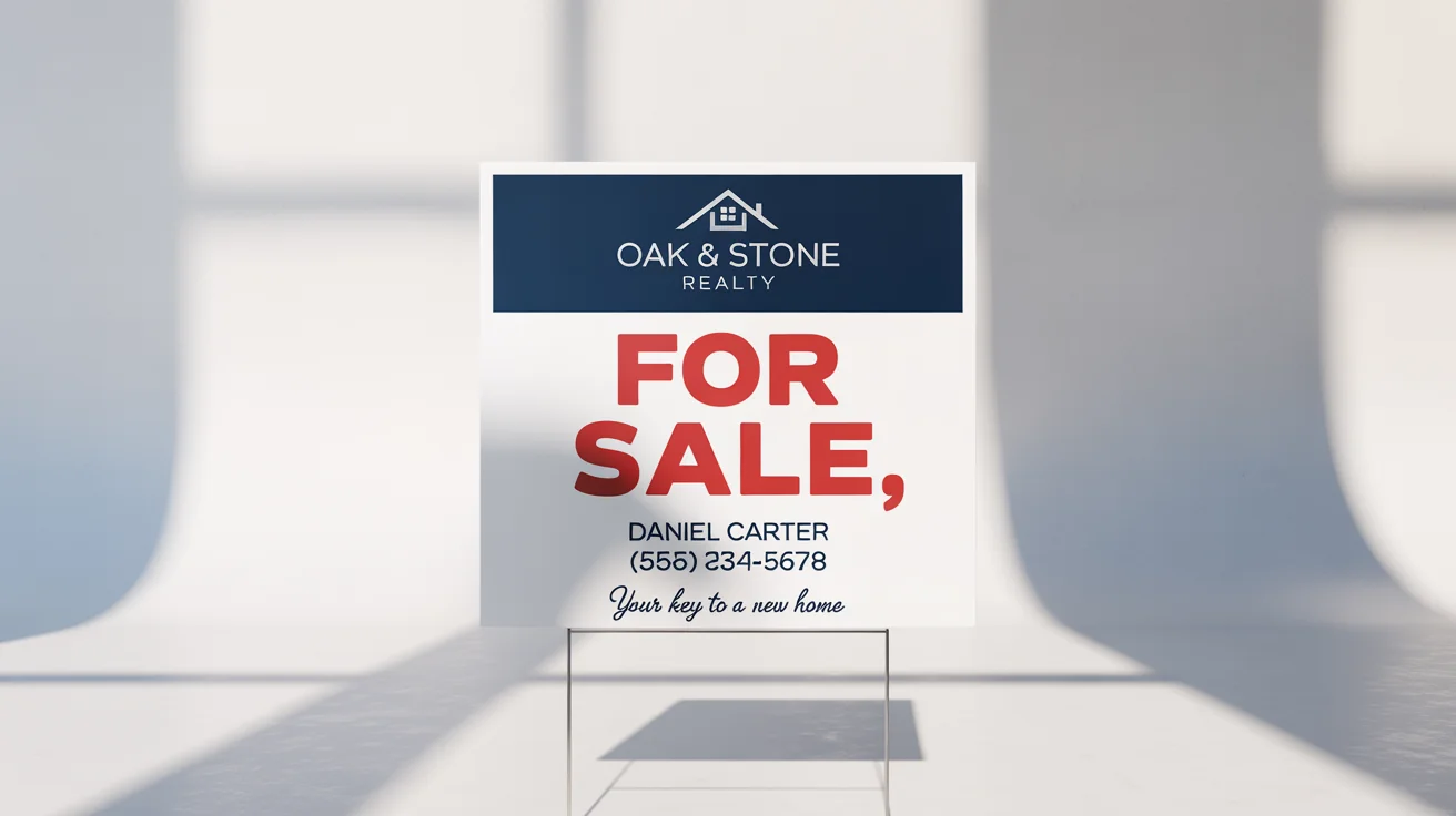A professional mockup of a 'FOR SALE' real estate sign for 'OAK & STONE REALTY', featuring an agent's name and contact number, isolated against a white background.
