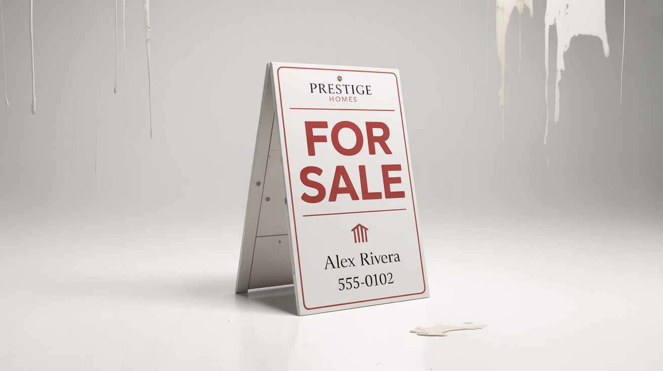 A professional mockup of a white A-frame real estate sign from 'Prestige Homes' that says 'FOR SALE' in red letters, displayed on a clean white background.