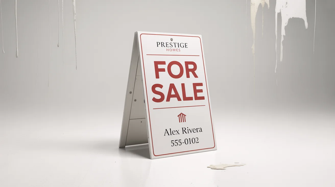 A professional mockup of a white A-frame real estate sign from 'Prestige Homes' that says 'FOR SALE' in red letters, displayed on a clean white background.