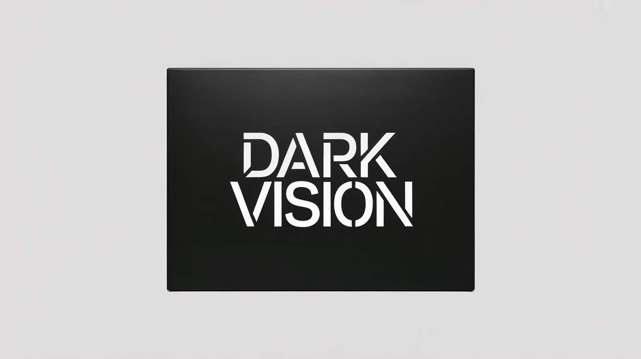 A polished metallic silver logo for 'DARK VISION' is shown on a luxurious matte black product box, demonstrating the final result of placing a logo on a dark background.