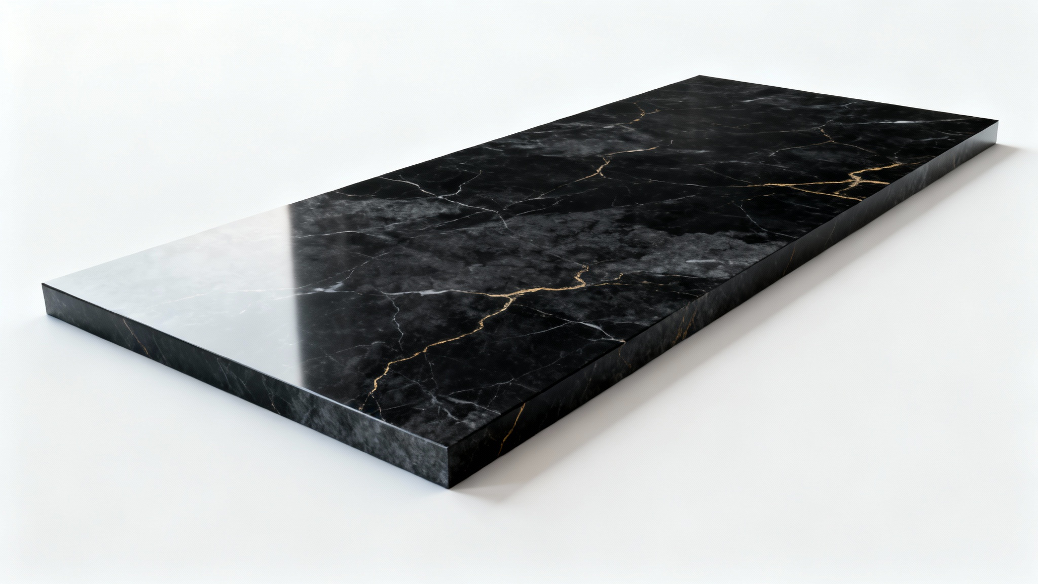 A photorealistic mockup of a luxurious dark background, showing a slab of black marble with subtle gold veins resting on a pure white surface.