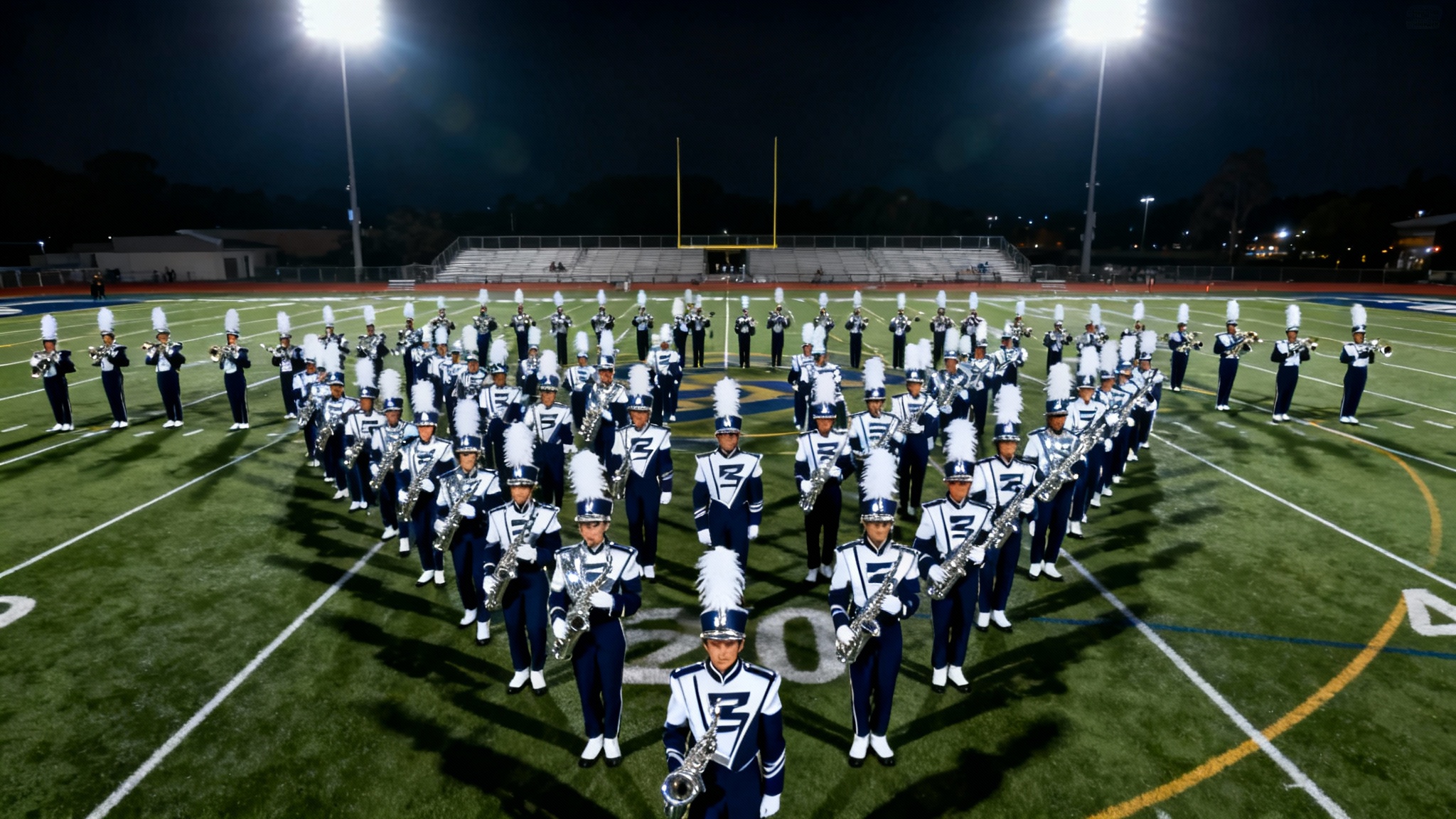 A high-angle view of a full marching band in modern navy blue, white, and silver uniforms, performing in a precise geometric formation on a football field at night under bright stadium lights.