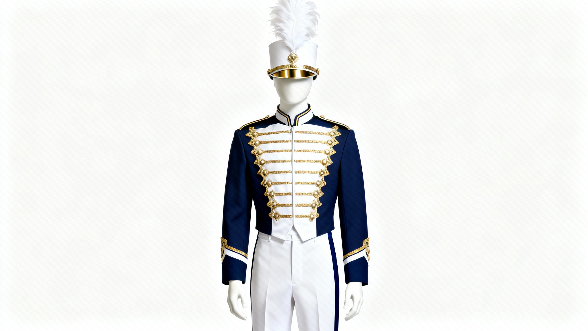 A modern marching band uniform in navy blue, white, and gold displayed on a mannequin against a plain white background, showcasing a professional and clean design.