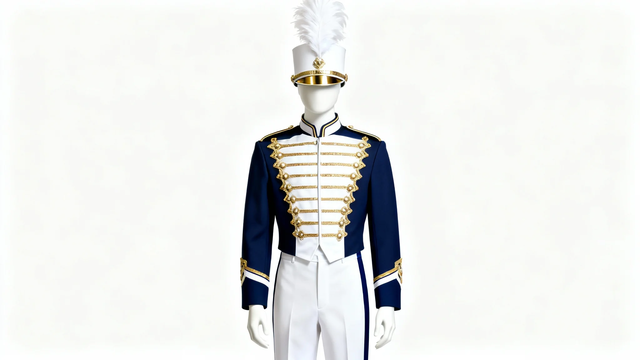 A modern marching band uniform in navy blue, white, and gold displayed on a mannequin against a plain white background, showcasing a professional and clean design.