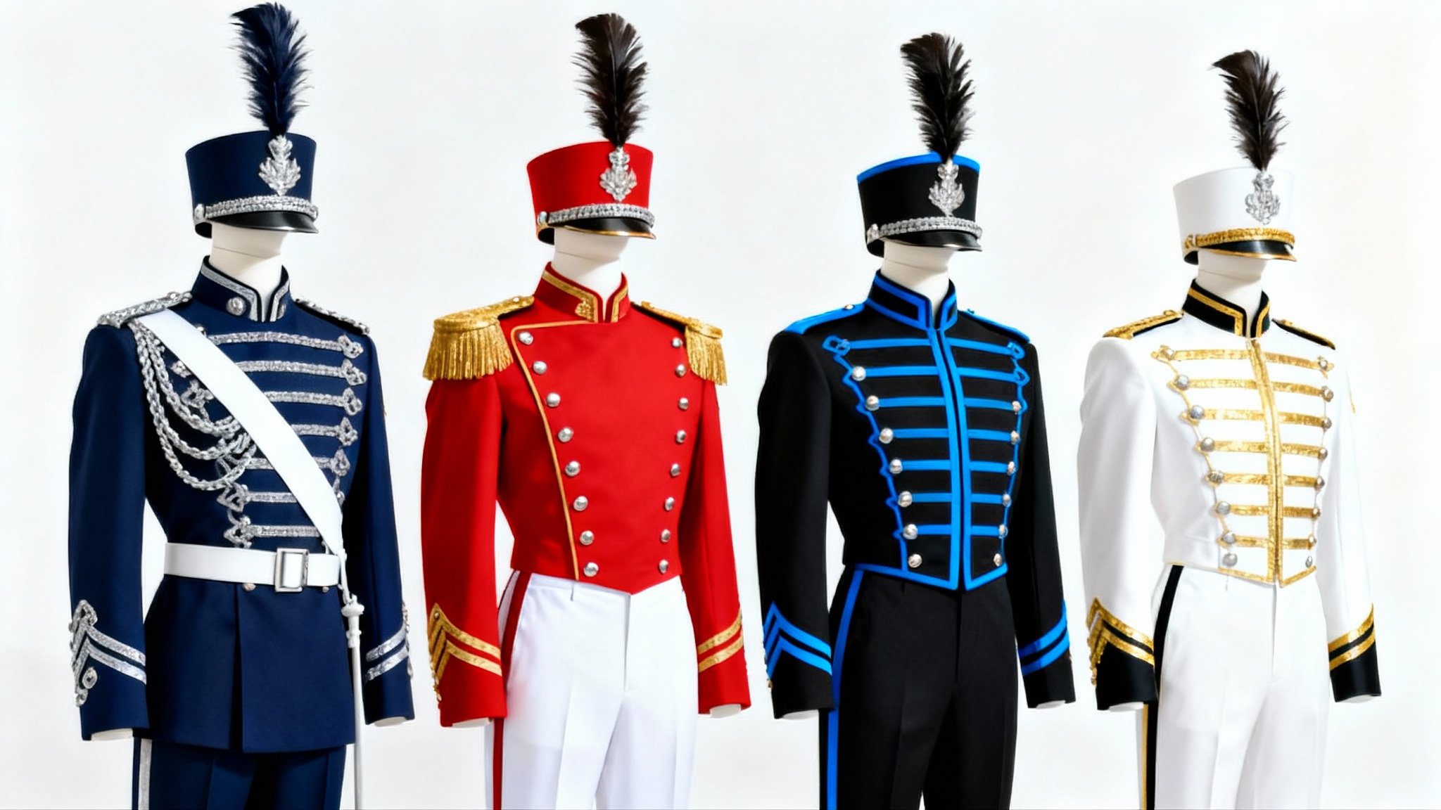 A lineup of four modern marching band uniforms in different colors and styles, displayed on mannequins against a clean white background.