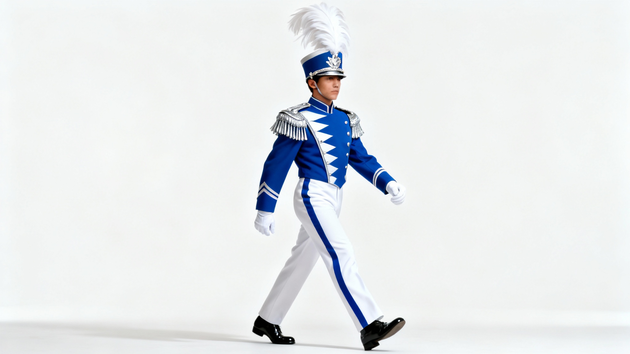 A full-body shot of a person in a modern royal blue, white, and silver marching band uniform, including a tall shako hat with a white plume, posed powerfully against a white studio background.