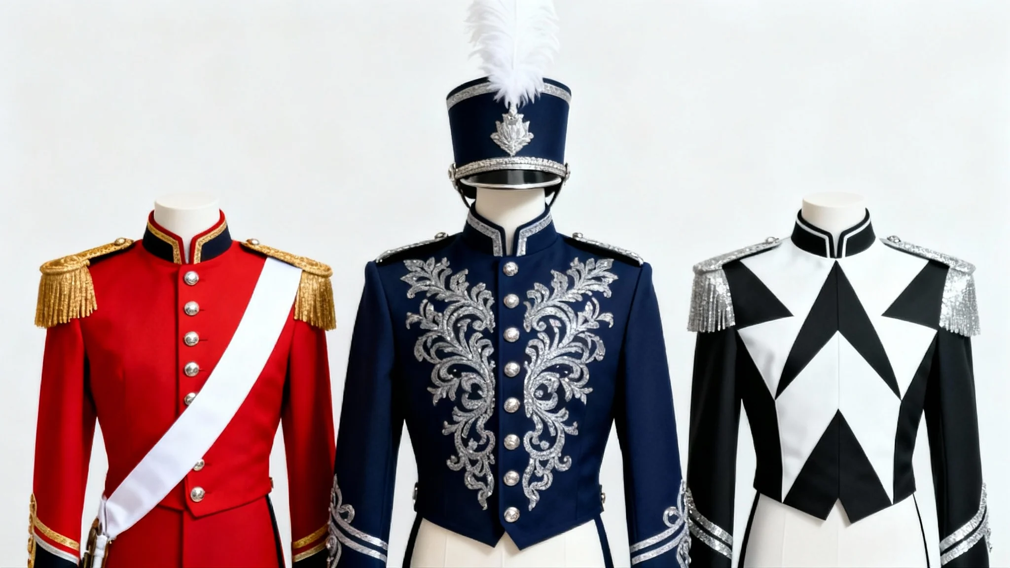 Three distinct marching band uniforms, a navy and silver, a crimson and gold, and a modern black and white, showcased on invisible mannequins against a plain white background.
