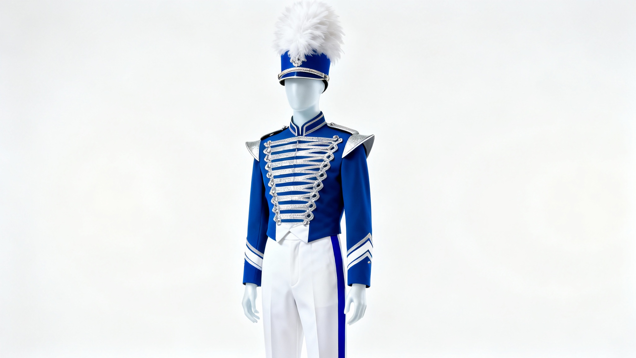 A full view of a modern marching band uniform featuring a royal blue jacket with silver details, white pants, and a tall shako hat with a white plume, displayed on an invisible mannequin against a plain white background.
