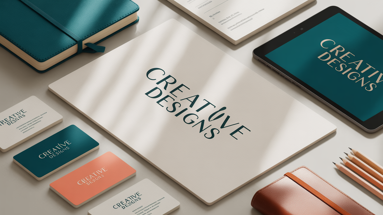A branding mockup showcasing the 'Creative Designs' wordmark logo on a business card, letterhead, and tablet, presented in a clean flat lay style.