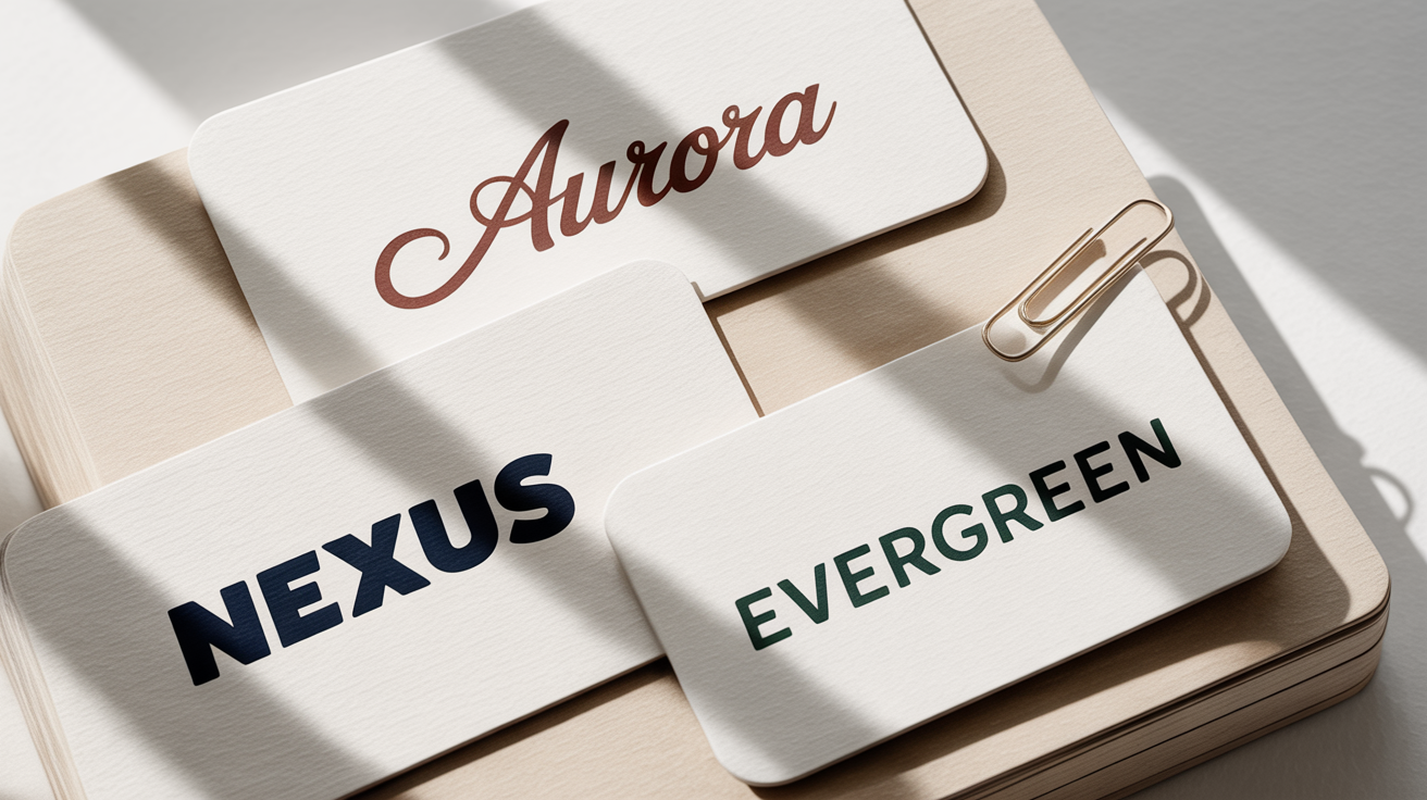 A mockup of several professionally designed wordmark logos ('AURORA', 'NEXUS', 'Evergreen') in different fonts and colors, displayed on a clean white background to showcase design variety.