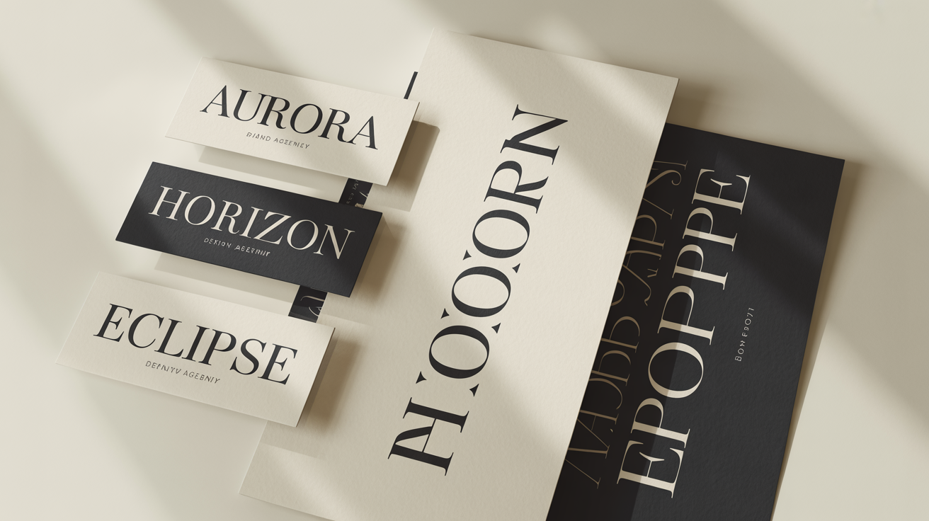 A professional mockup displaying several wordmark logos for fictional brands like 'AURORA' and 'HORIZON', showcasing diverse and elegant typography on a white background.