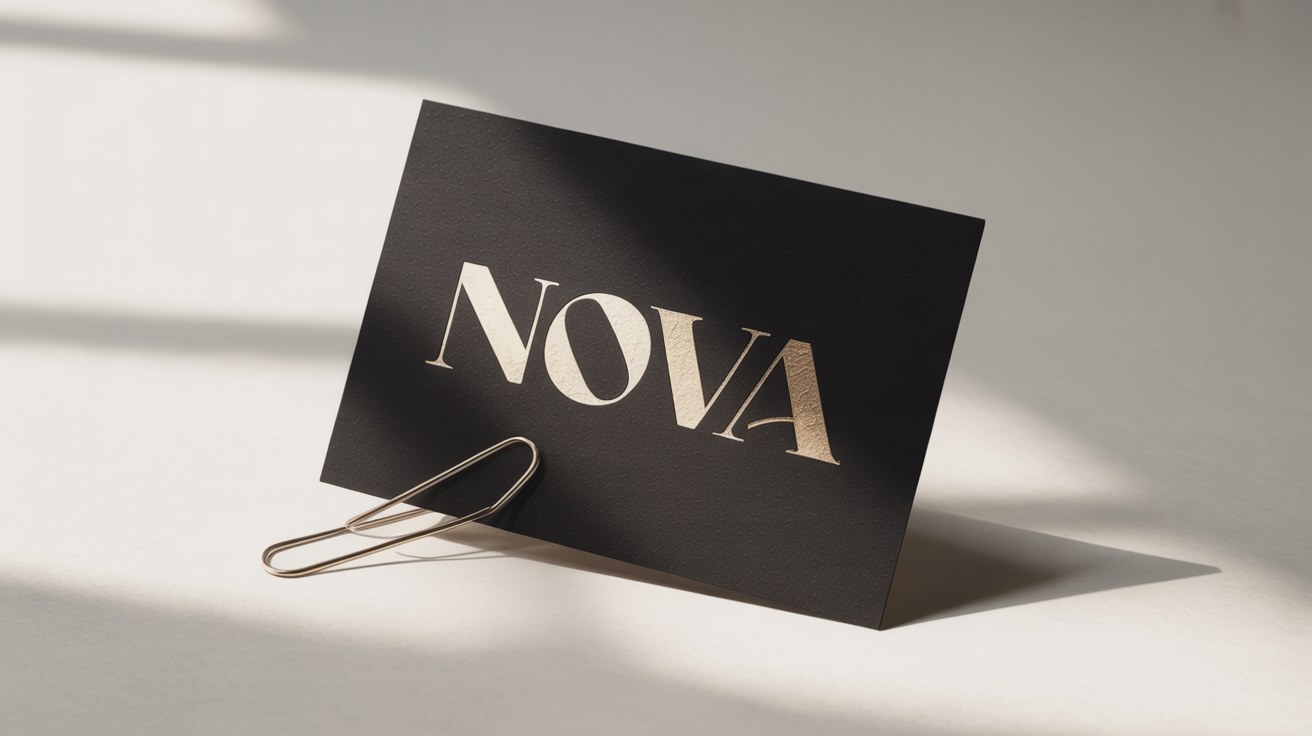 A close-up, professional photograph of a wordmark logo 'NOVA' in gold foil on a black business card, set against a clean white background.