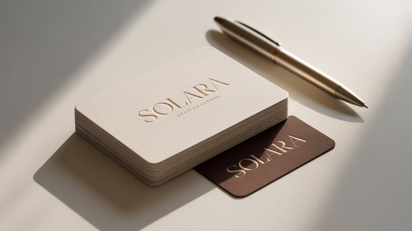 A minimalist branding mockup showing the wordmark 'SOLARA' in elegant gold foil on a business card and a leather tag, arranged neatly on a white background.
