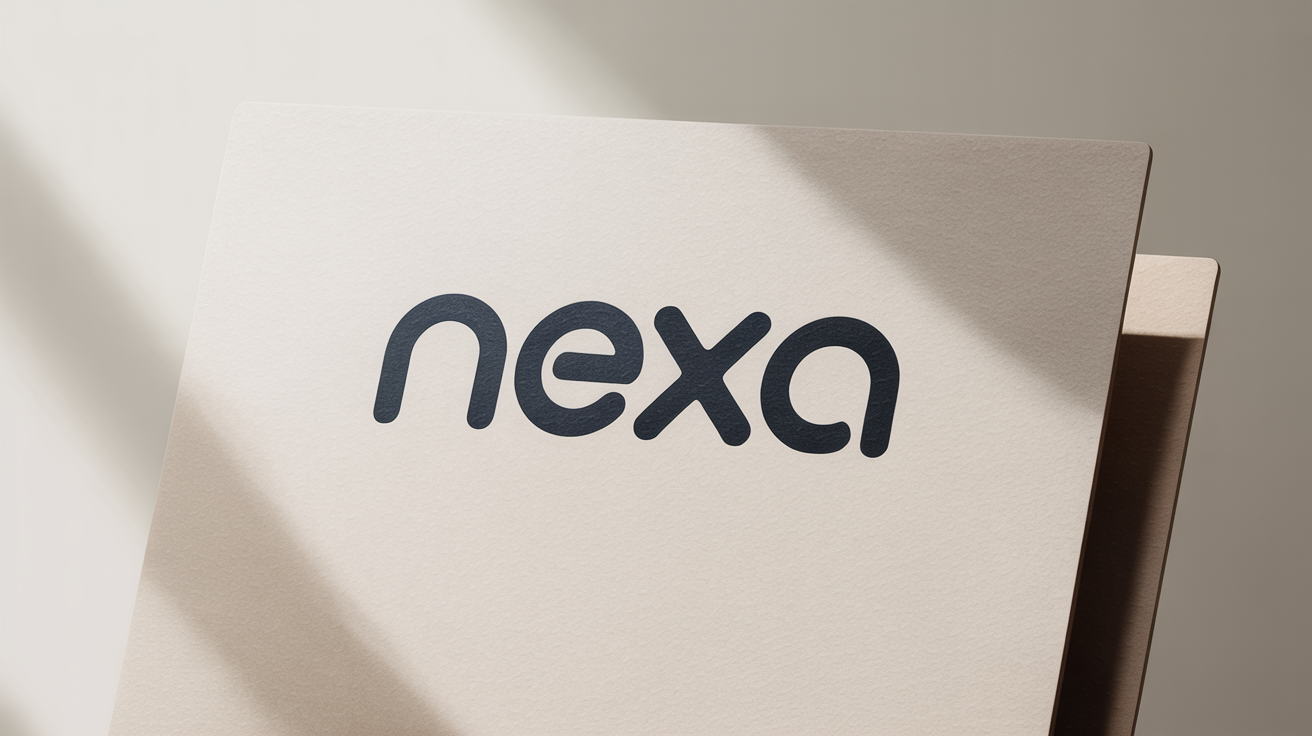 A photorealistic mockup of the wordmark logo 'NEXA' in a modern, bold charcoal gray font, displayed on a piece of matte cardstock against a white background.