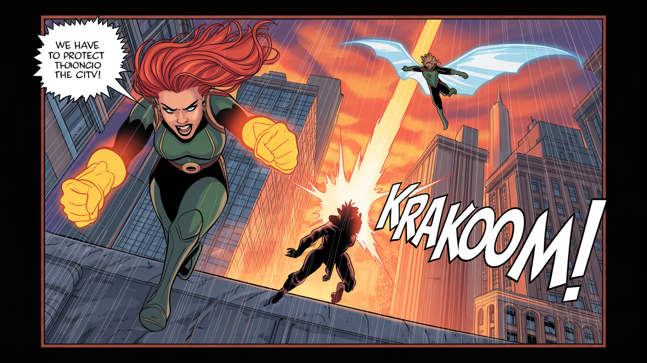 A professionally designed 16:9 comic book panel showing three superheroes protecting a city at sunset, complete with a speech bubble saying 'We have to protect the city!' and a 'KRAKOOM!' sound effect.