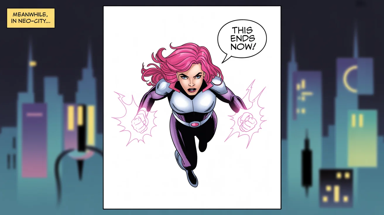 A modern-style comic book panel featuring a superheroine with pink hair in a silver and purple suit, floating mid-air with energy around her fists. The caption reads 'Meanwhile, in Neo-City...' and she exclaims 'This ends now!'.