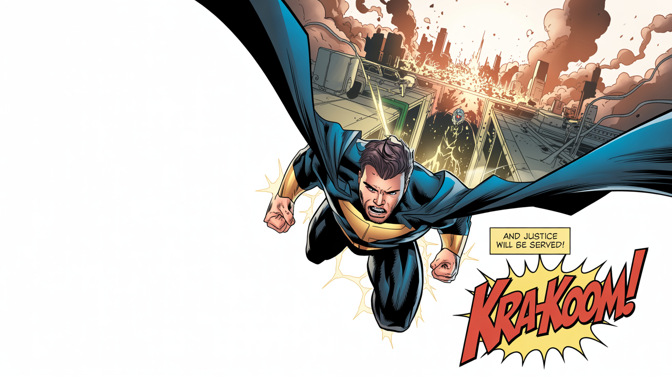 A mockup of a single comic book panel showing a superhero in a blue and gold costume flying over a city in turmoil, with the words 'KRA-KOOM!' and '...AND JUSTICE WILL BE SERVED!'