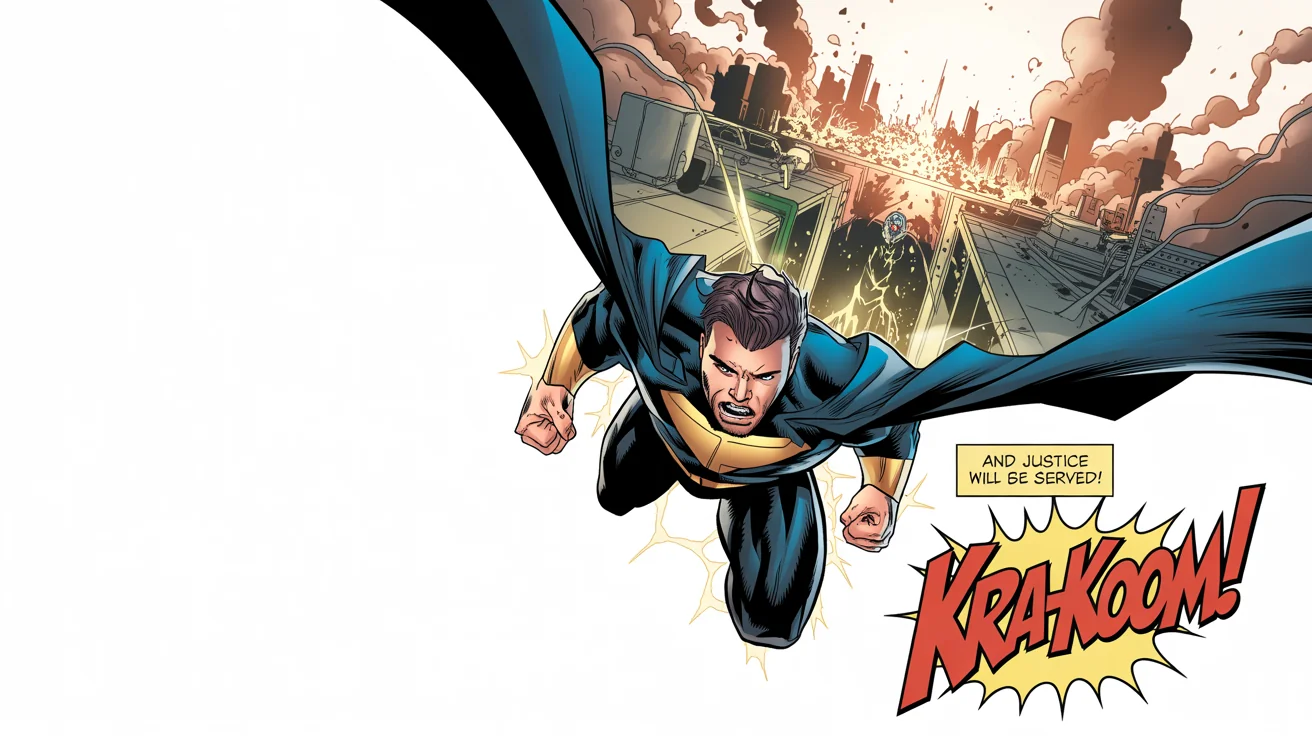A mockup of a single comic book panel showing a superhero in a blue and gold costume flying over a city in turmoil, with the words 'KRA-KOOM!' and '...AND JUSTICE WILL BE SERVED!'