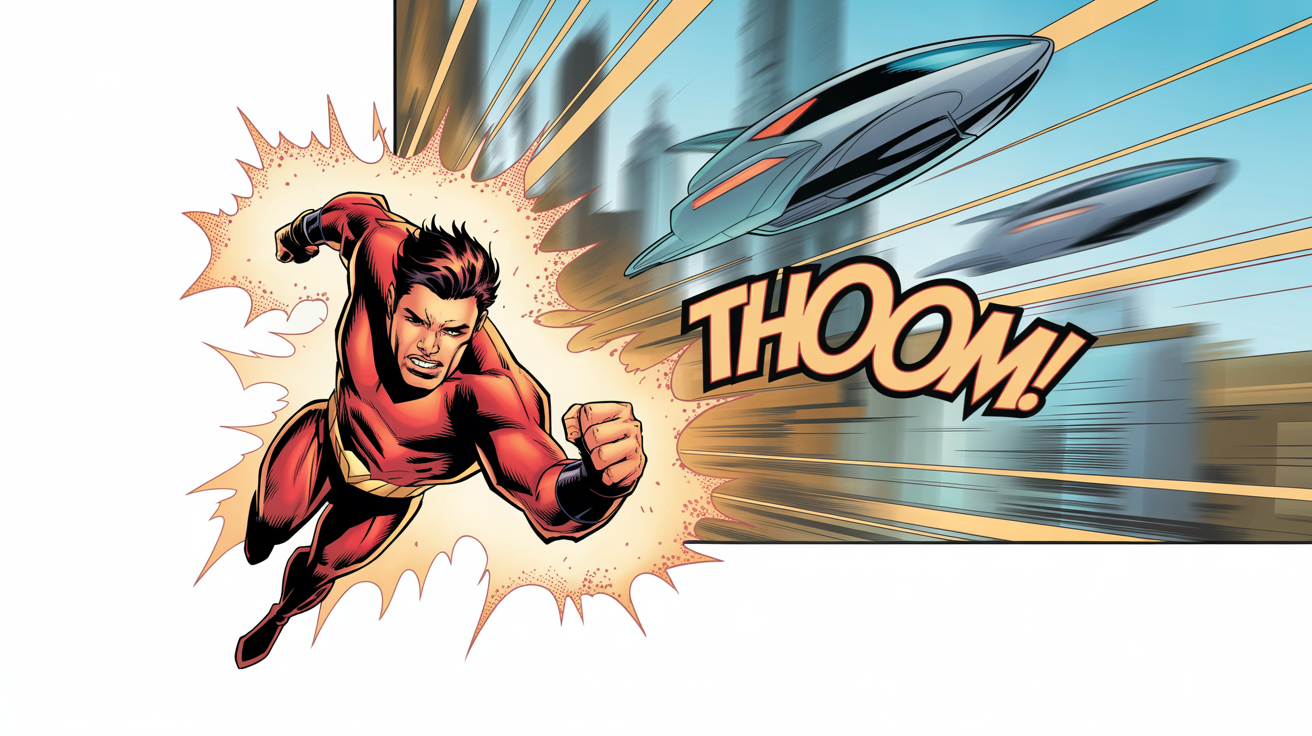 A single comic book panel featuring a superhero in a red and gold suit leaping forward, with the sound effect 'THOOOM!' in bold letters.