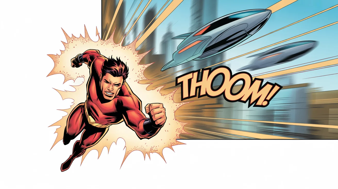 A single comic book panel featuring a superhero in a red and gold suit leaping forward, with the sound effect 'THOOOM!' in bold letters.