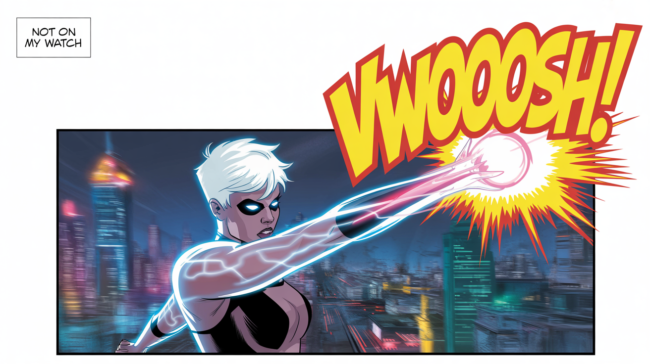A mockup of a single comic book panel on a white background, showing a female superhero deflecting an energy blast. The panel includes the text 'Not on my watch.' and a 'VWOOOSH!' sound effect.