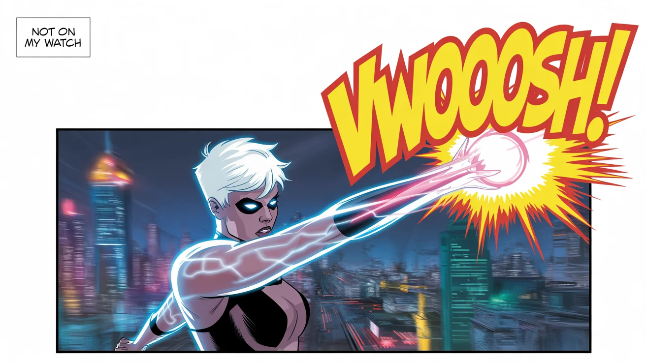 A mockup of a single comic book panel on a white background, showing a female superhero deflecting an energy blast. The panel includes the text 'Not on my watch.' and a 'VWOOOSH!' sound effect.