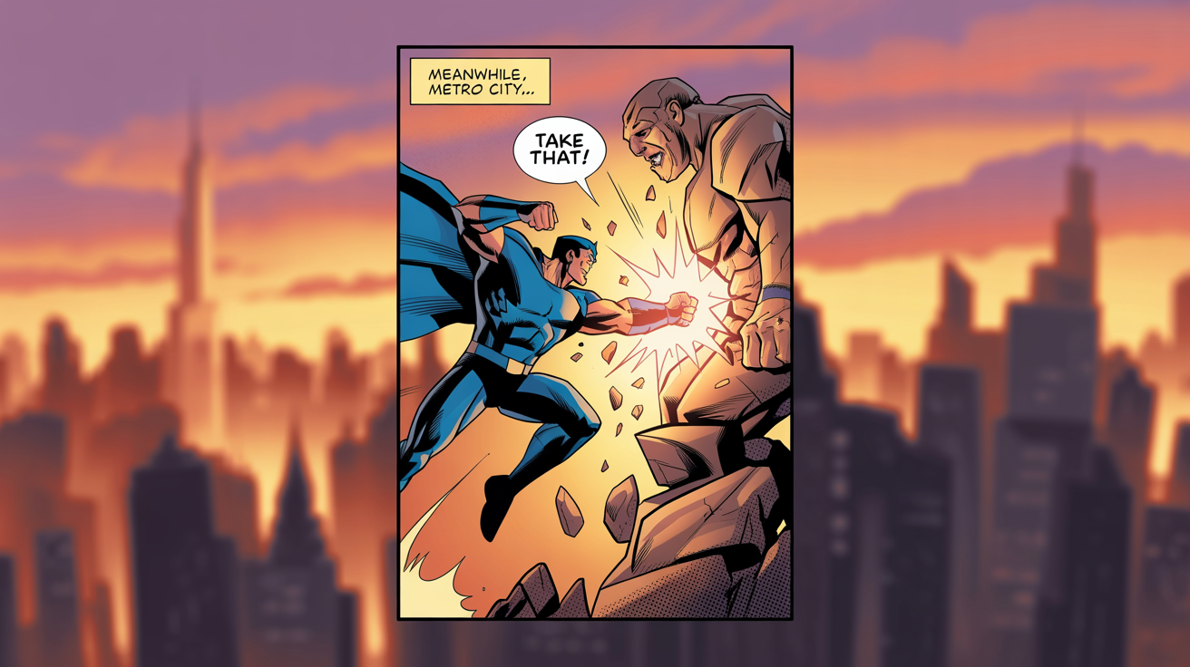 A mockup of a single, action-packed comic book panel featuring a superhero punching a rock monster, with the caption 'MEANWHILE, IN METRO CITY...'.