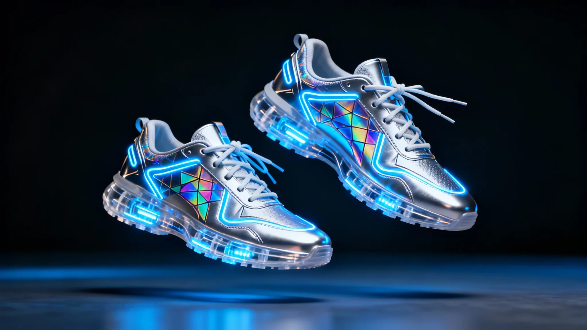 A pair of futuristic, AI-designed sneakers floating against a dark blue background. The shoes are metallic silver with glowing blue lines and have translucent soles showing their inner workings.