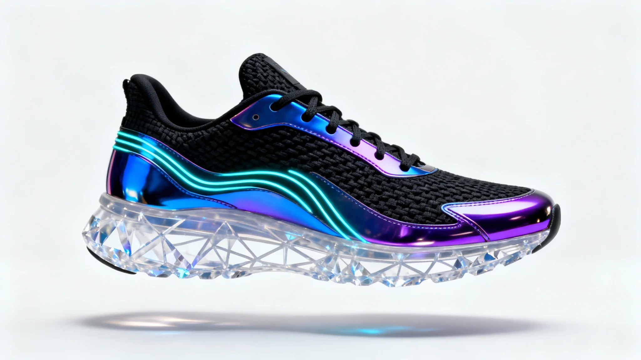 A futuristic concept sneaker with a black and iridescent chrome design, featuring glowing cyan lines and a translucent crystalline sole, floating against a pure white background in a professional product shot.