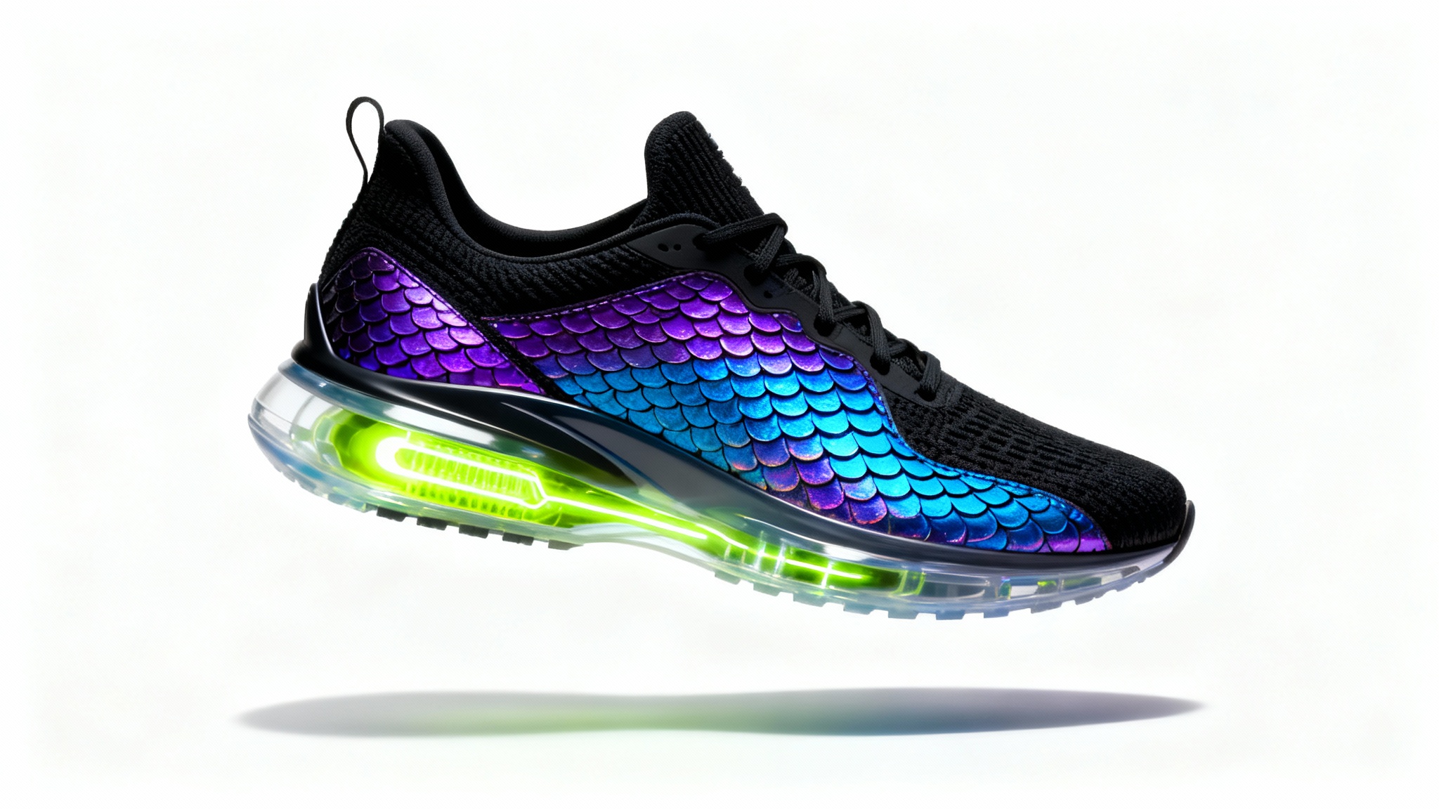 A sleek, futuristic sneaker with iridescent panels and a glowing neon green sole, presented in a professional product mockup against a clean white background.