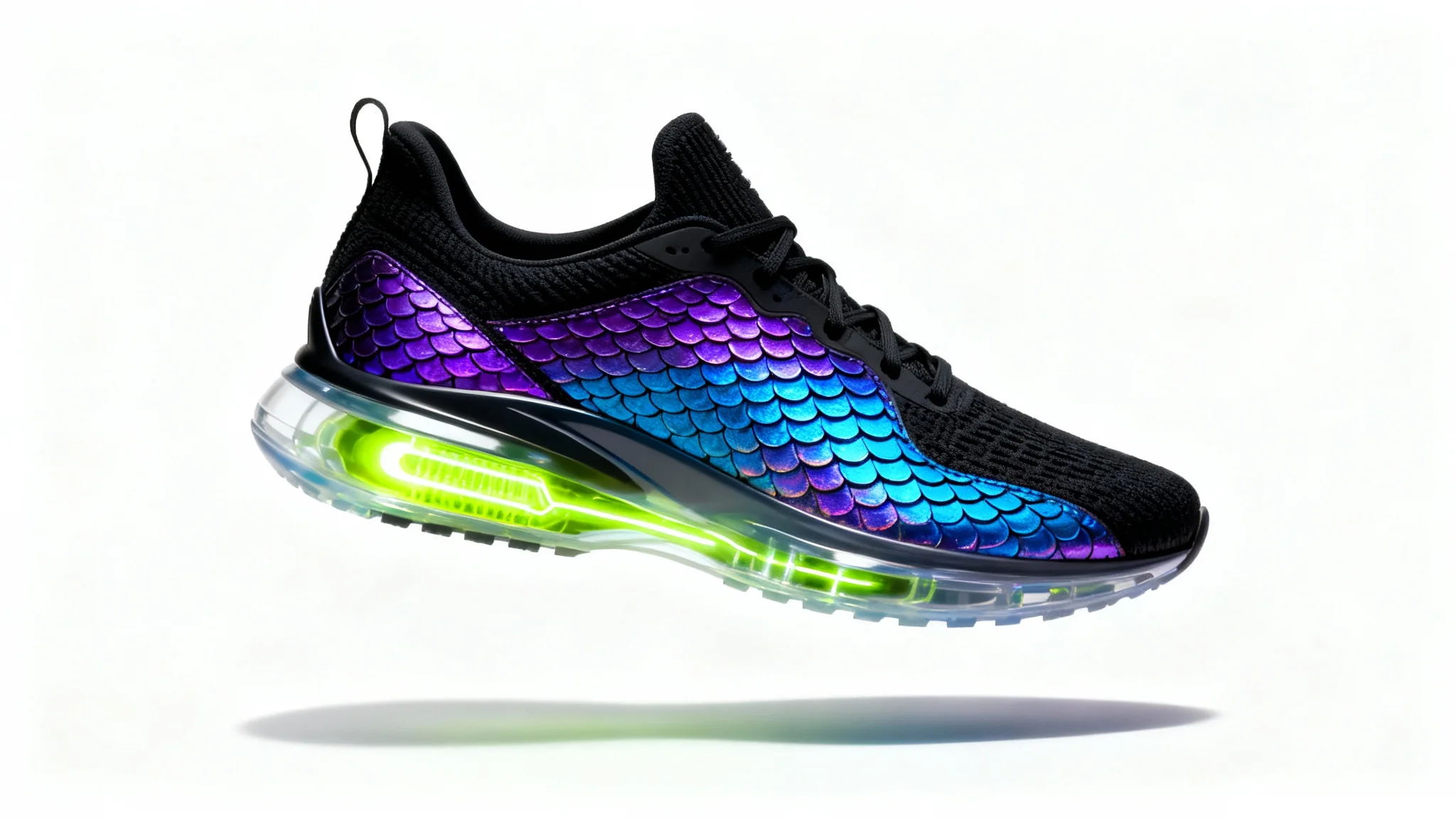 A sleek, futuristic sneaker with iridescent panels and a glowing neon green sole, presented in a professional product mockup against a clean white background.