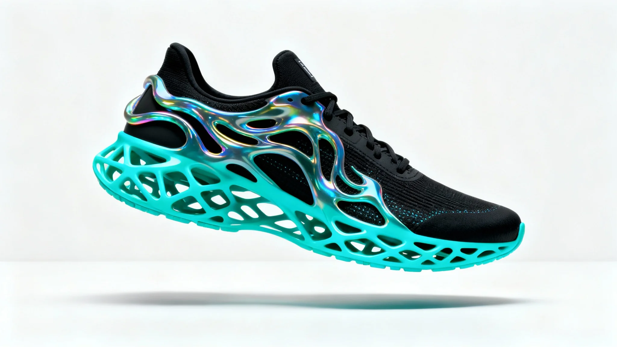 A hyper-realistic, futuristic sneaker with a glowing cyan lattice sole and a matte black upper, floating against a clean white background to showcase AI sneaker design.