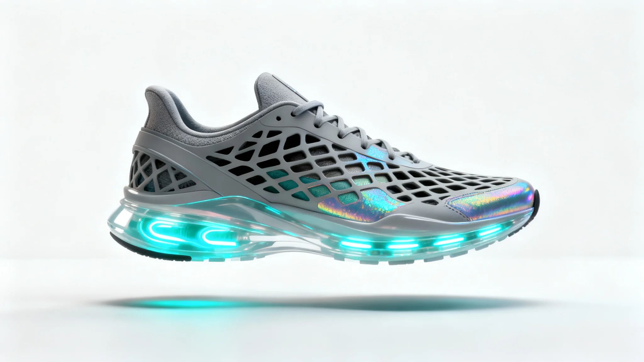 A hyper-detailed, AI-generated concept sneaker with a complex lattice design and a glowing blue translucent sole, floating against a clean white background.