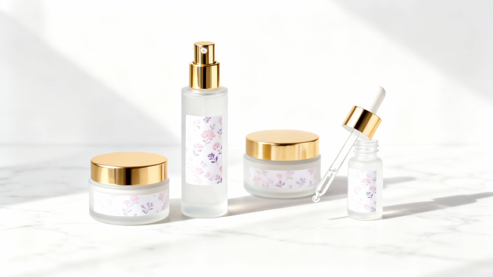 A final designed collection of luxury cosmetic products, including a serum bottle, cream jar, and dropper bottle, all sharing a cohesive design of frosted glass, gold accents, and pastel floral labels, displayed in a professional studio setting.