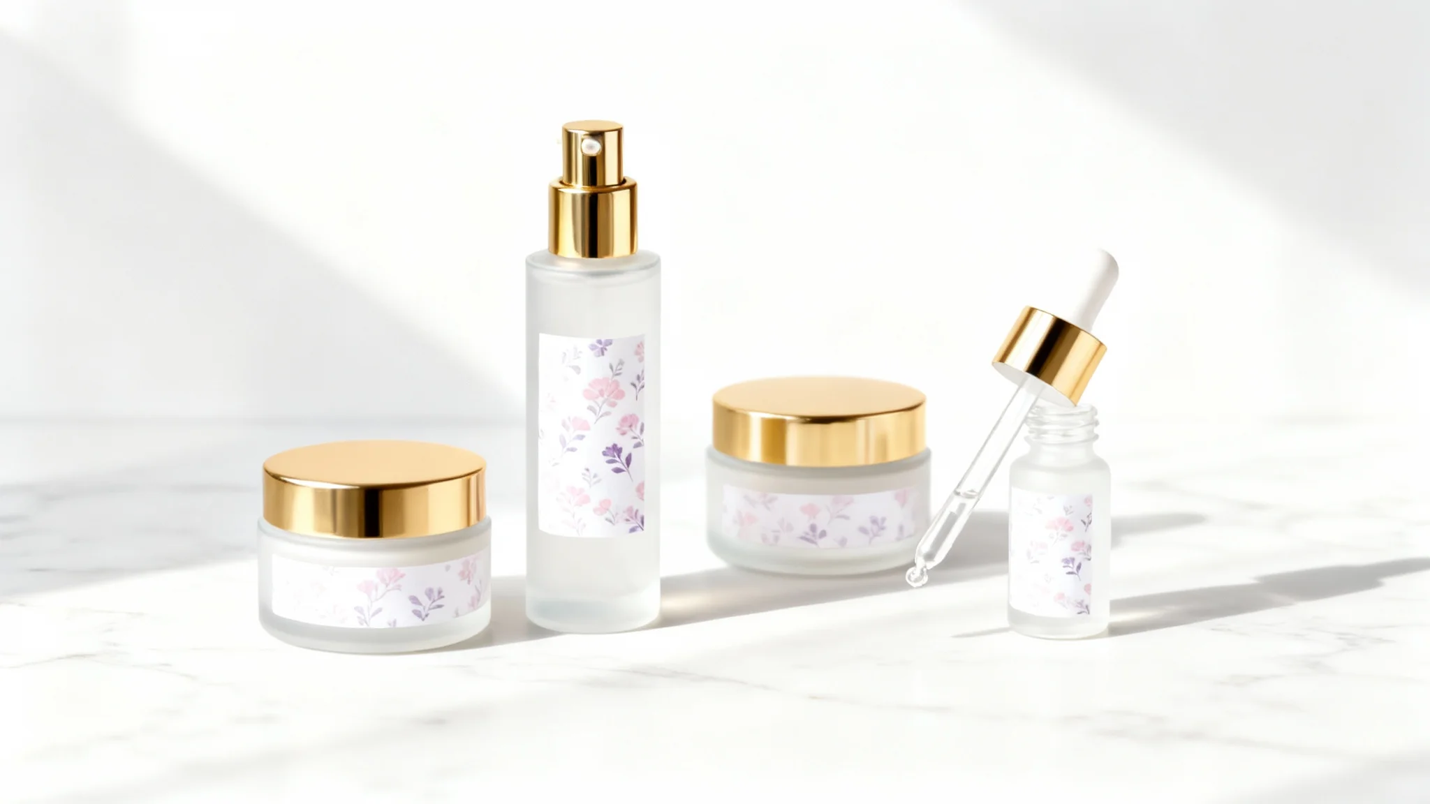 A final designed collection of luxury cosmetic products, including a serum bottle, cream jar, and dropper bottle, all sharing a cohesive design of frosted glass, gold accents, and pastel floral labels, displayed in a professional studio setting.